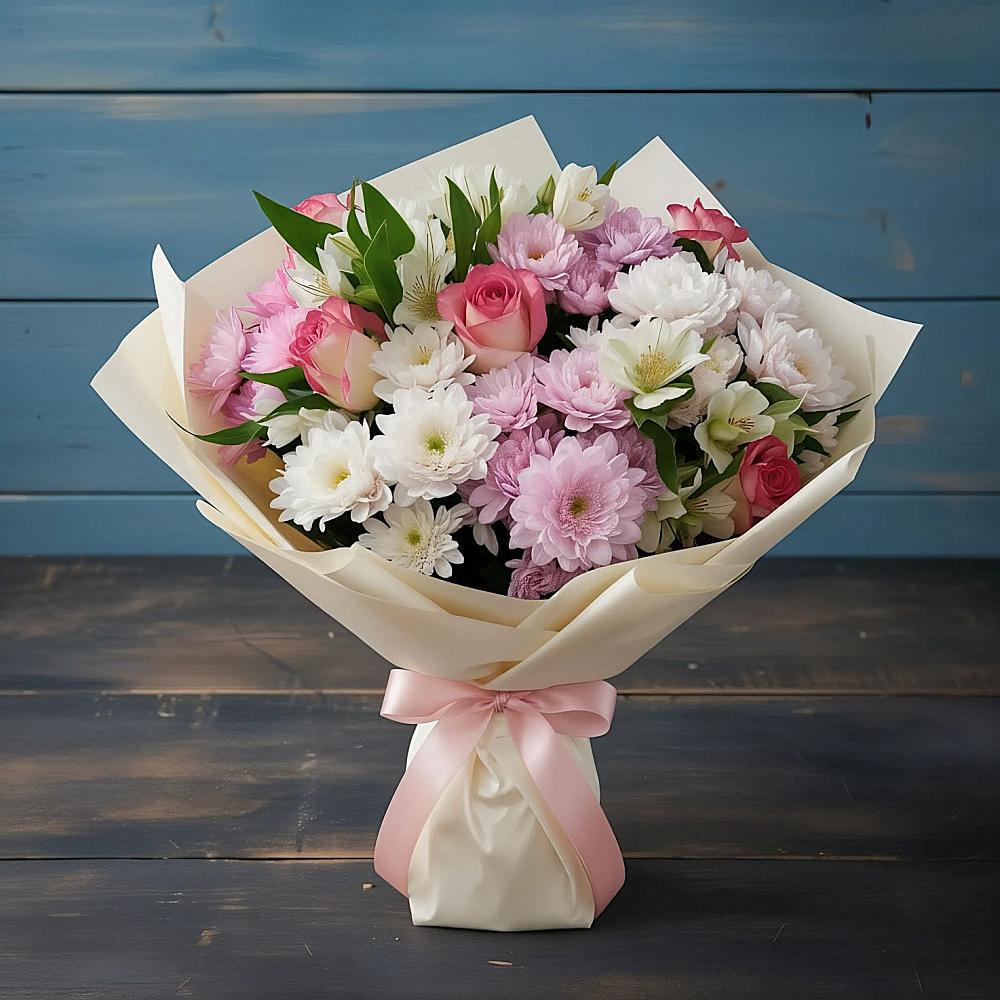 Букет Розовое очарование в Ишиме Букет цветов из: Хризантемы, Альстромерии и Розы в Ишиме